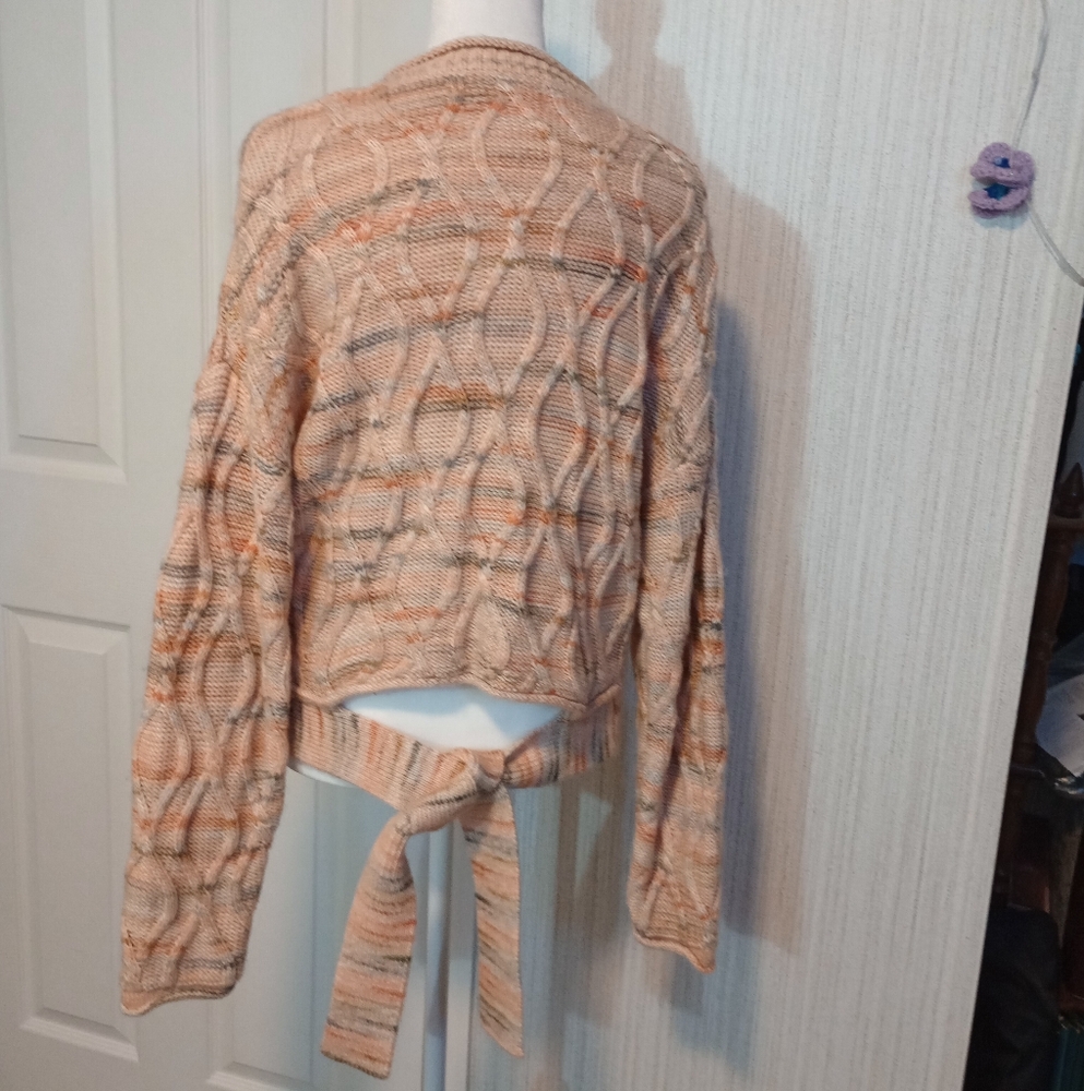 Women's Size L Belted Pullover Sweater Peach Gray Textured Cotton Cropped LNC